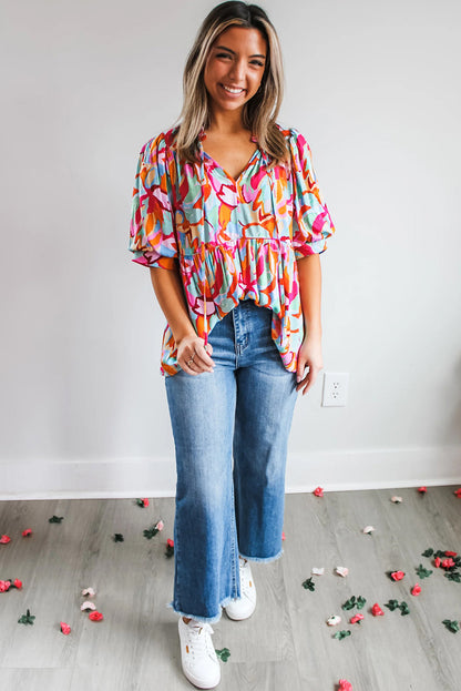 Abstract Print Drawstring V Neck Half Sleeve Blouse | Rose Red