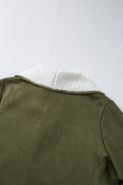 Faux Suede Fleece Lined Open Front Jacket | Green