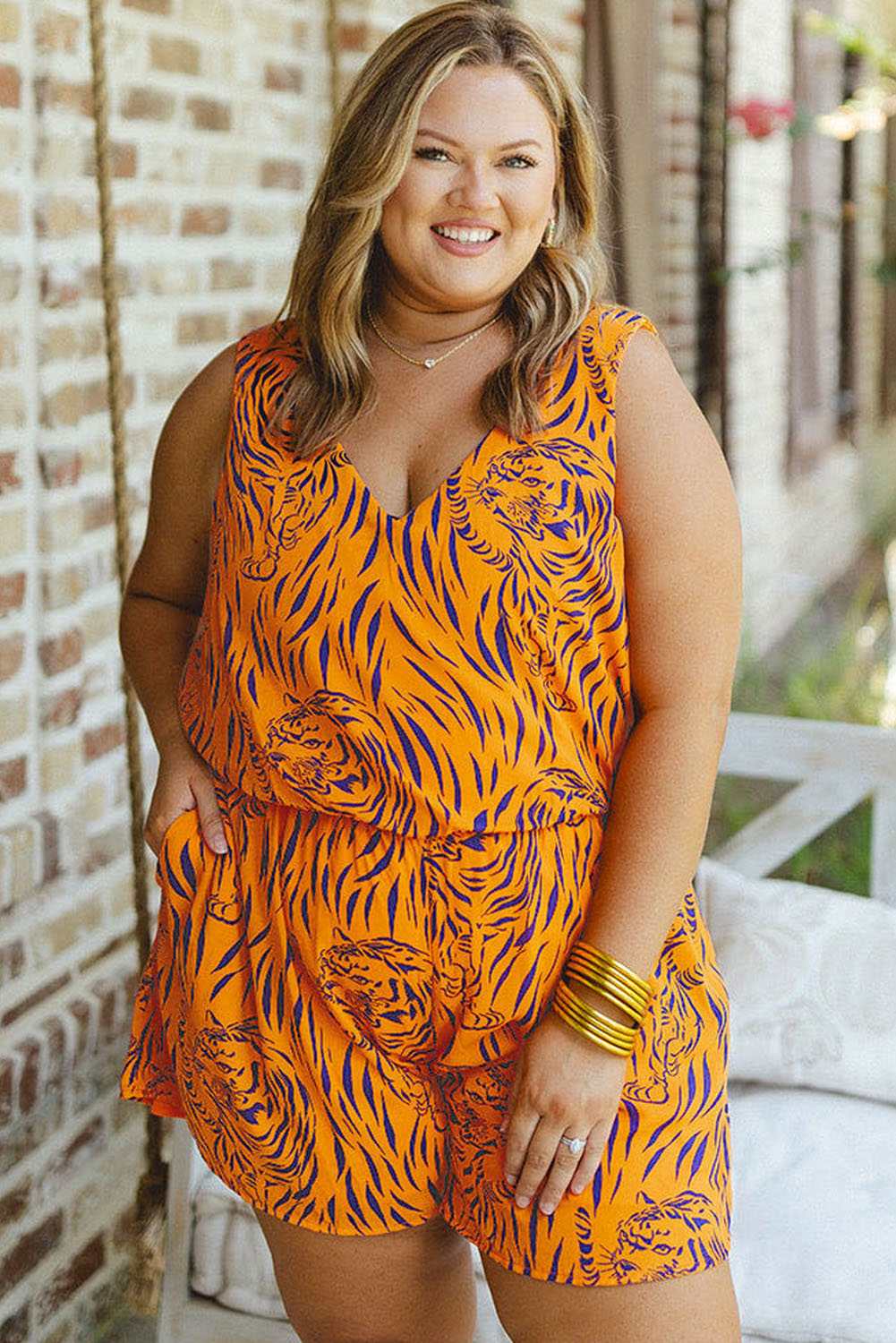 Plus Size Tiger Print Sleeveless V Neck Romper | Yellow