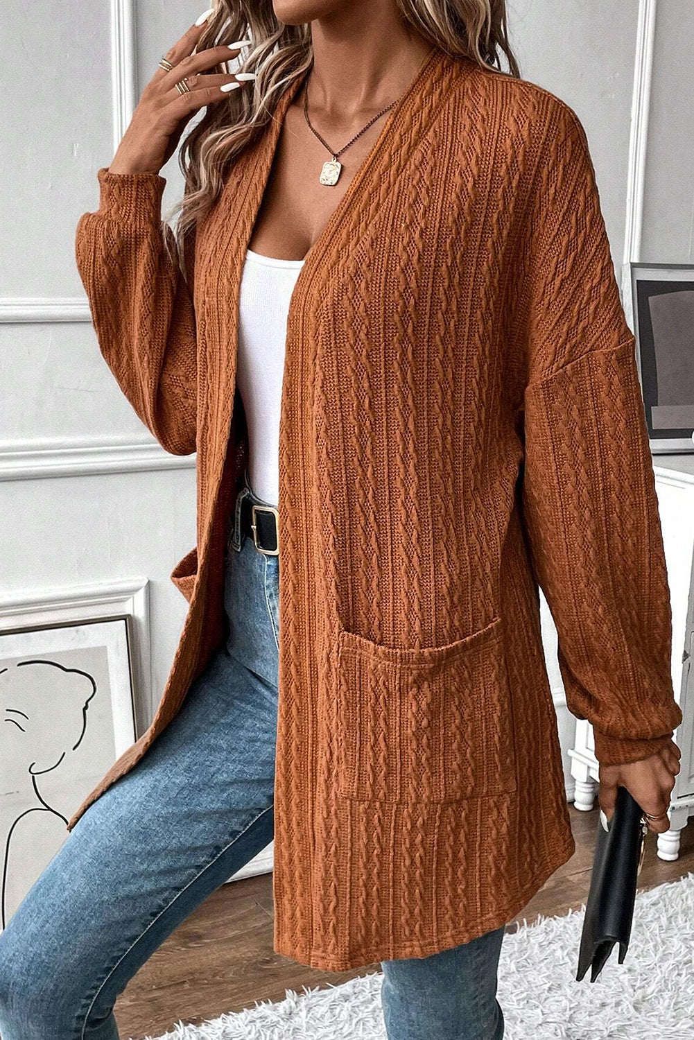 Textured Knit Side Pockets Open Front Cardigan | Chestnut