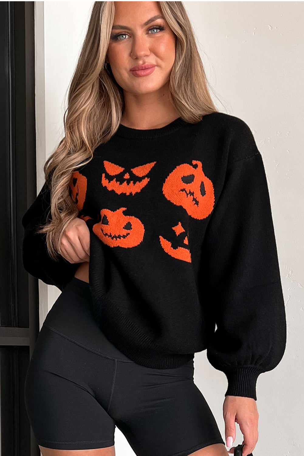 Halloween Pumpkin Face Pattern Drop Shoulder Sweater | Black