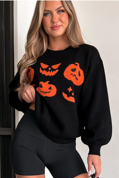 Halloween Pumpkin Face Pattern Drop Shoulder Sweater | Black