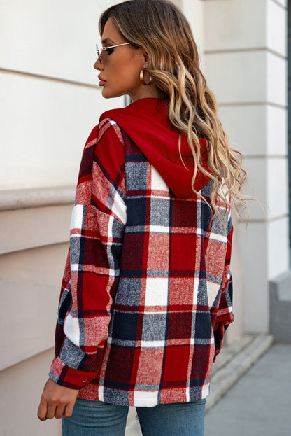 Fiery  Hooded Plaid Button Front Shacket | Red