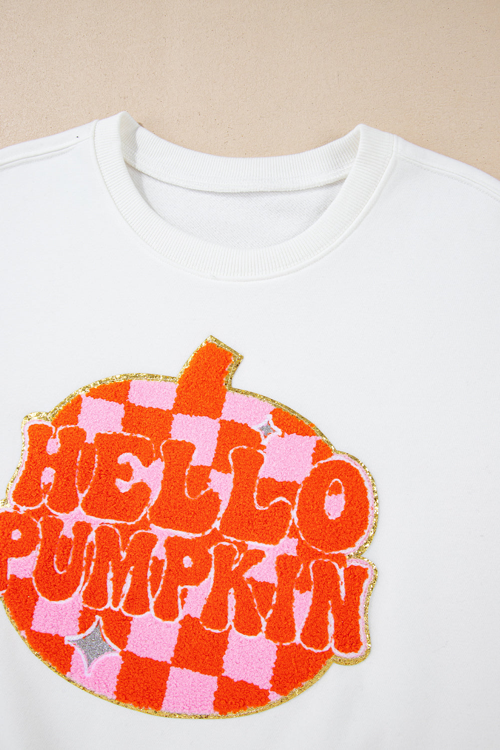 Terry Halloween Pumpkin Patched Pattern Pullover Sweatshirt | White