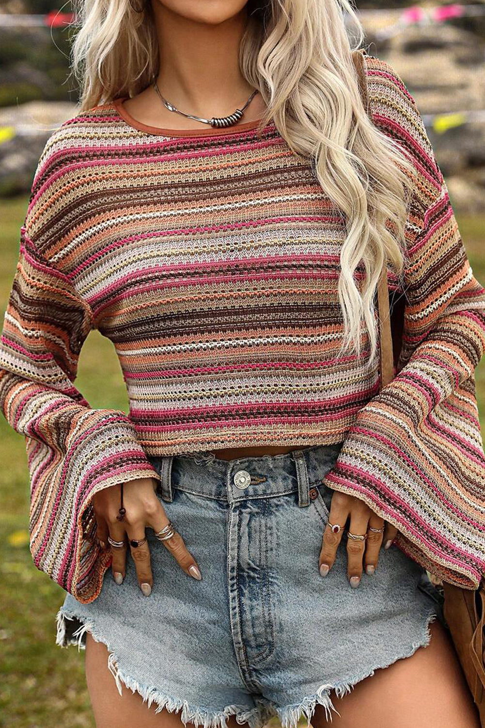 Ethnic Striped Wide Cropped Long Sleeve Top | Rose Red