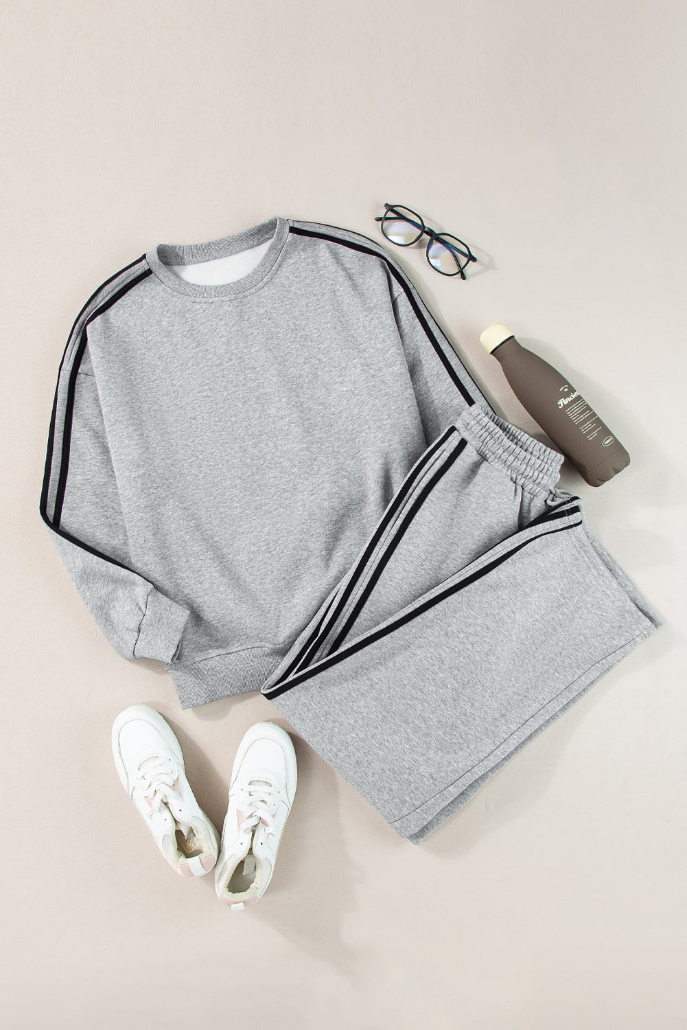 Solid Colour Side Striped Sweatshirt Active Set | Light Grey