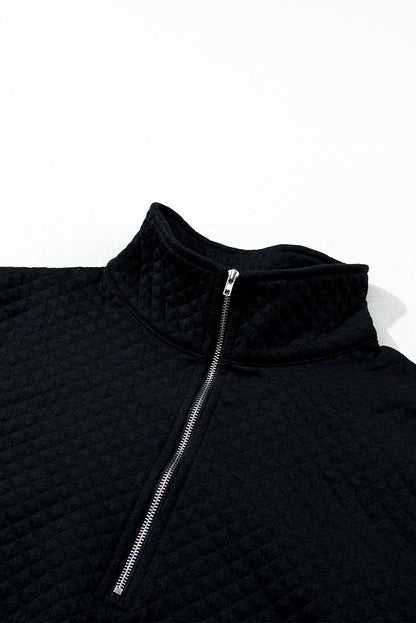 Solid Half Zipper Quilted Pullover Sweatshirt | Black