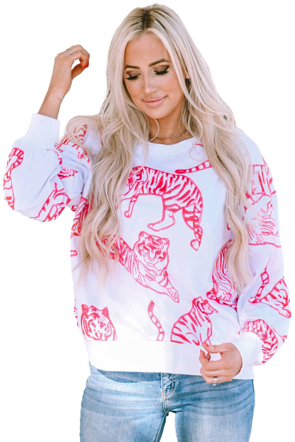 Pink Animal Print Pullover Sweatshirt | Bright White