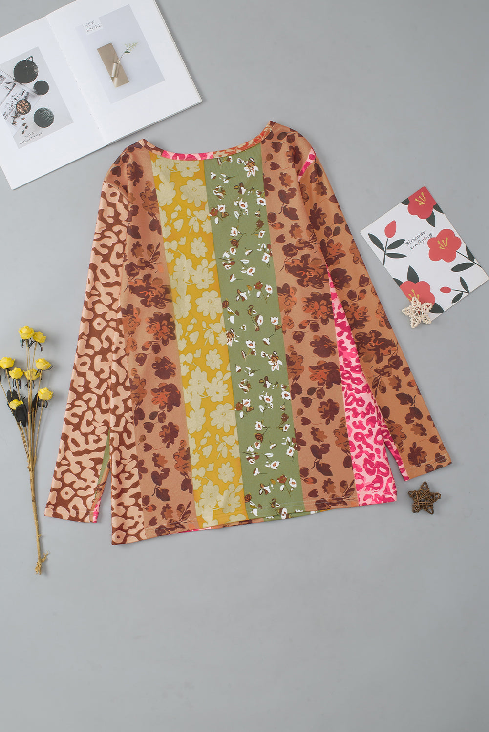 Floral Leopard Mixed Print V Neck Long Sleeve Tee | Multicolour