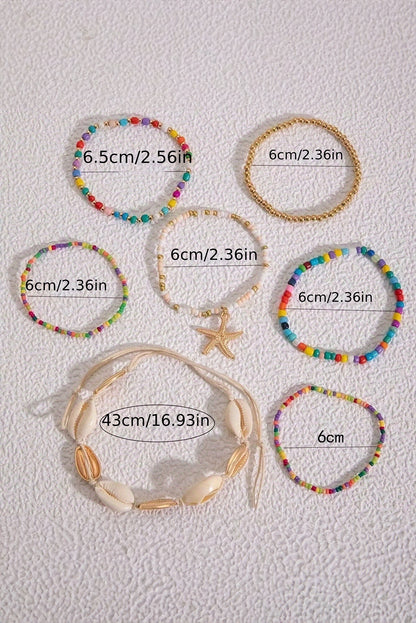 7Pcs Starfish Seashell Beaded Bracelet Set | Multicolour