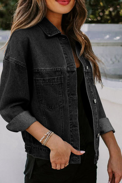 Washed Oversize Pocketed Denim Jacket | Black