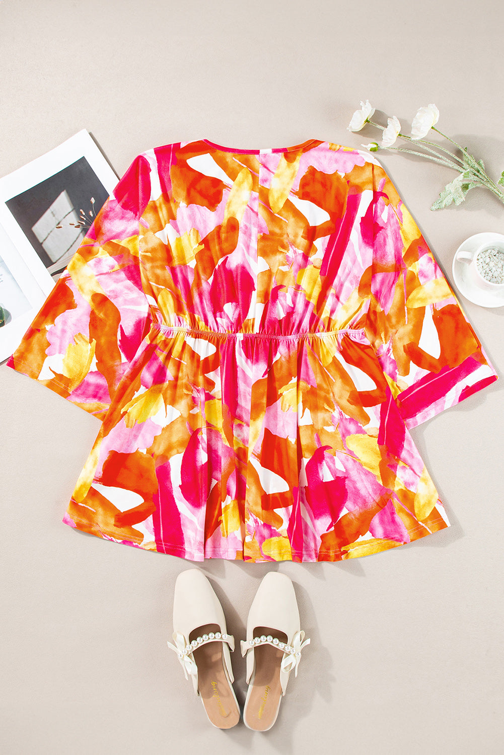 Abstract Print 3/4 Sleeve V Neck Ruffled Babydoll Blouse | Orange