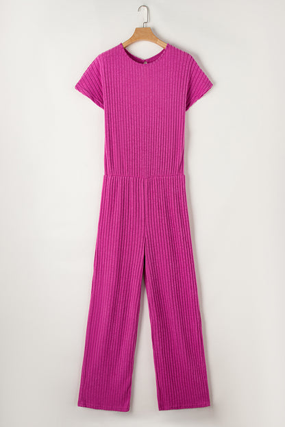 Solid Colour Ribbed Short Sleeve Wide Leg Jumpsuit | Rose Red