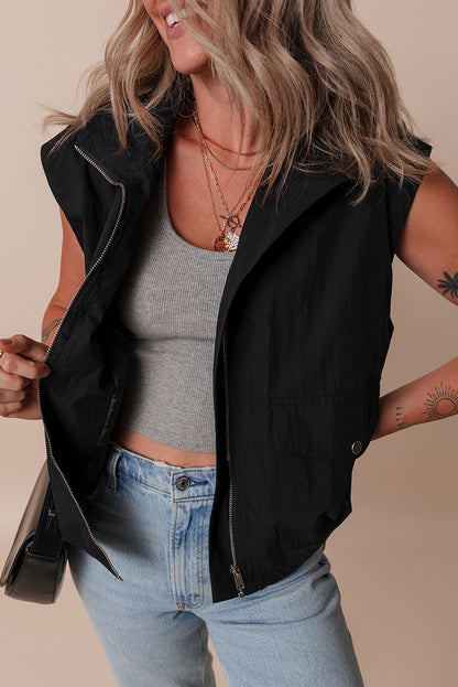 Flap Pockets Zip Up High Neck Vest | Black