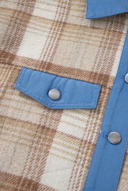 Plaid Patchwork Flap Detail Button Up Shacket | Light French Beige