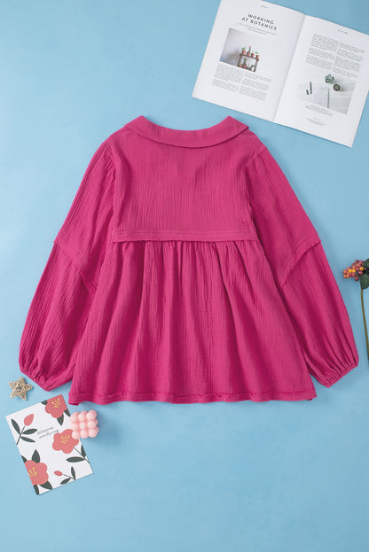 Crinkle Collared V-Neck Bubble Sleeve Flowy Blouse | Rose