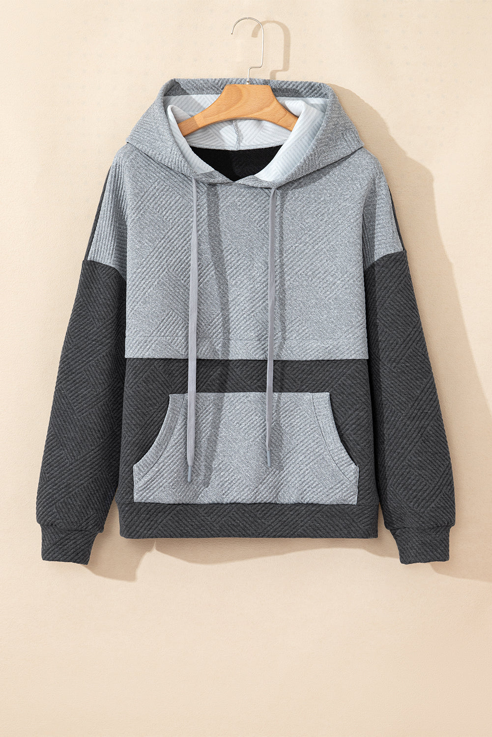 Textured Colour Block Kangaroo Pocket Drop Shoulder Hoodie | Gray