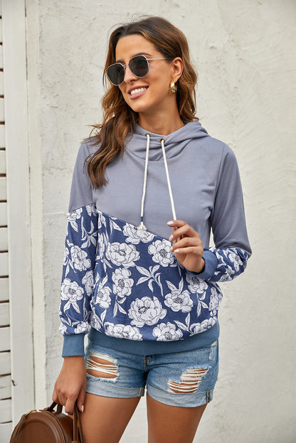 Floral Splicing Cowl Neck Hoodie | Gray