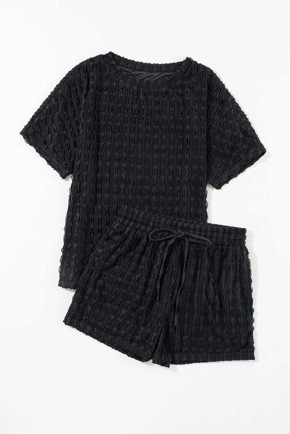 Frill Textured Short Sleeve Top And Drawstring Shorts Set | Black