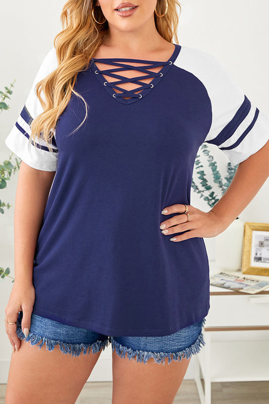 Blue Crisscross V Neck Raglan Sleeve Plus Size Tee