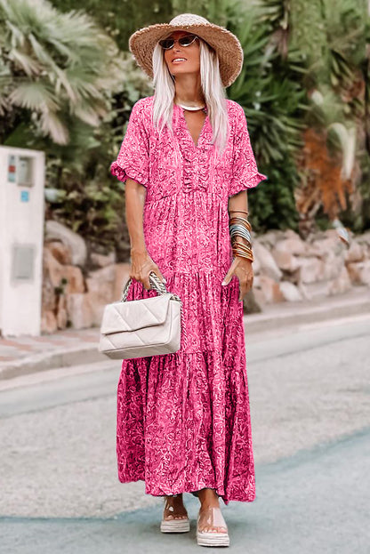 Paisley Print Boho Holiday Ruffle Tiered Maxi Dress | Pink