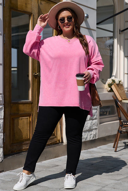 Plus Size Mineral Wash Drop Shoulder Round Neck Sweatshirt | Pink