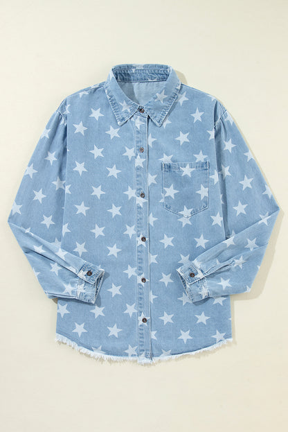 Star Print Light Wash Raw Hem Denim Jacket | Sky Blue