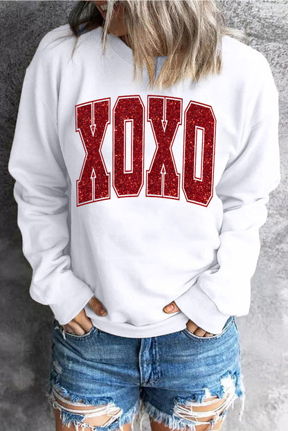 Glitter Xoxo Graphic Crewneck Valentines Pullover Sweatshirt | White