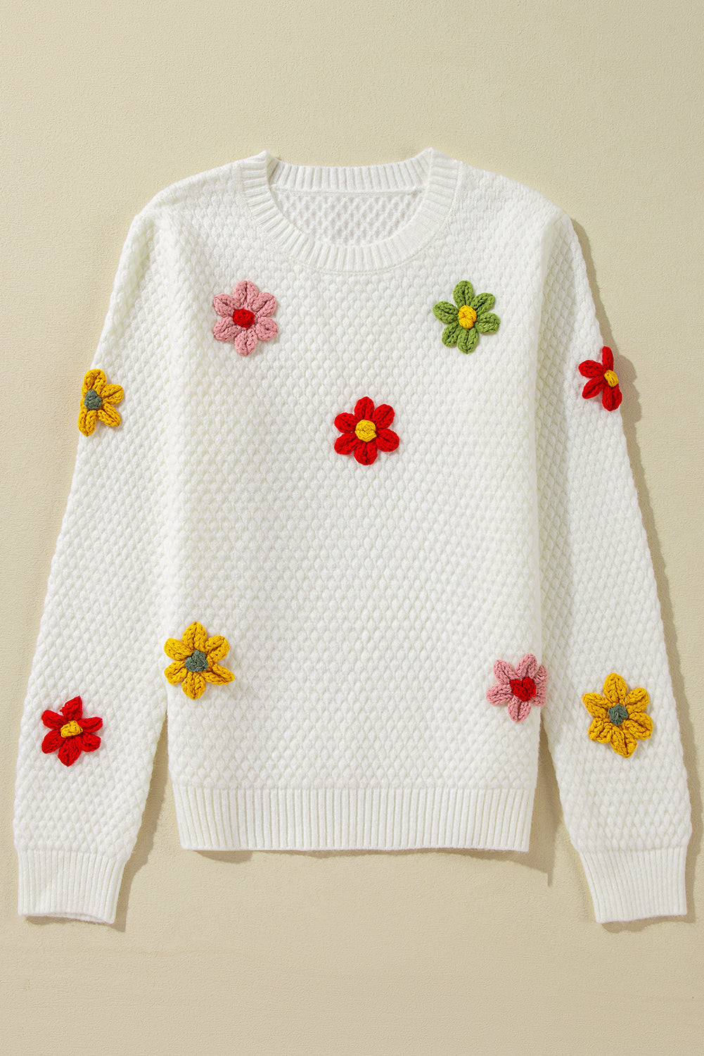 Colourful Flower Applique Textured Knit Sweater | White