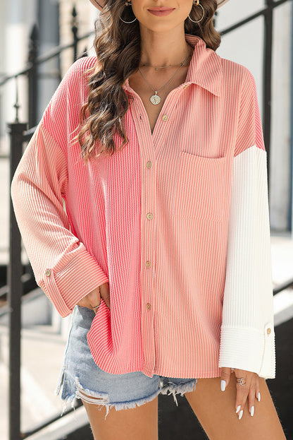 Ribbed Colourblock Drop Shoulder Shirt With Pocket | Pink