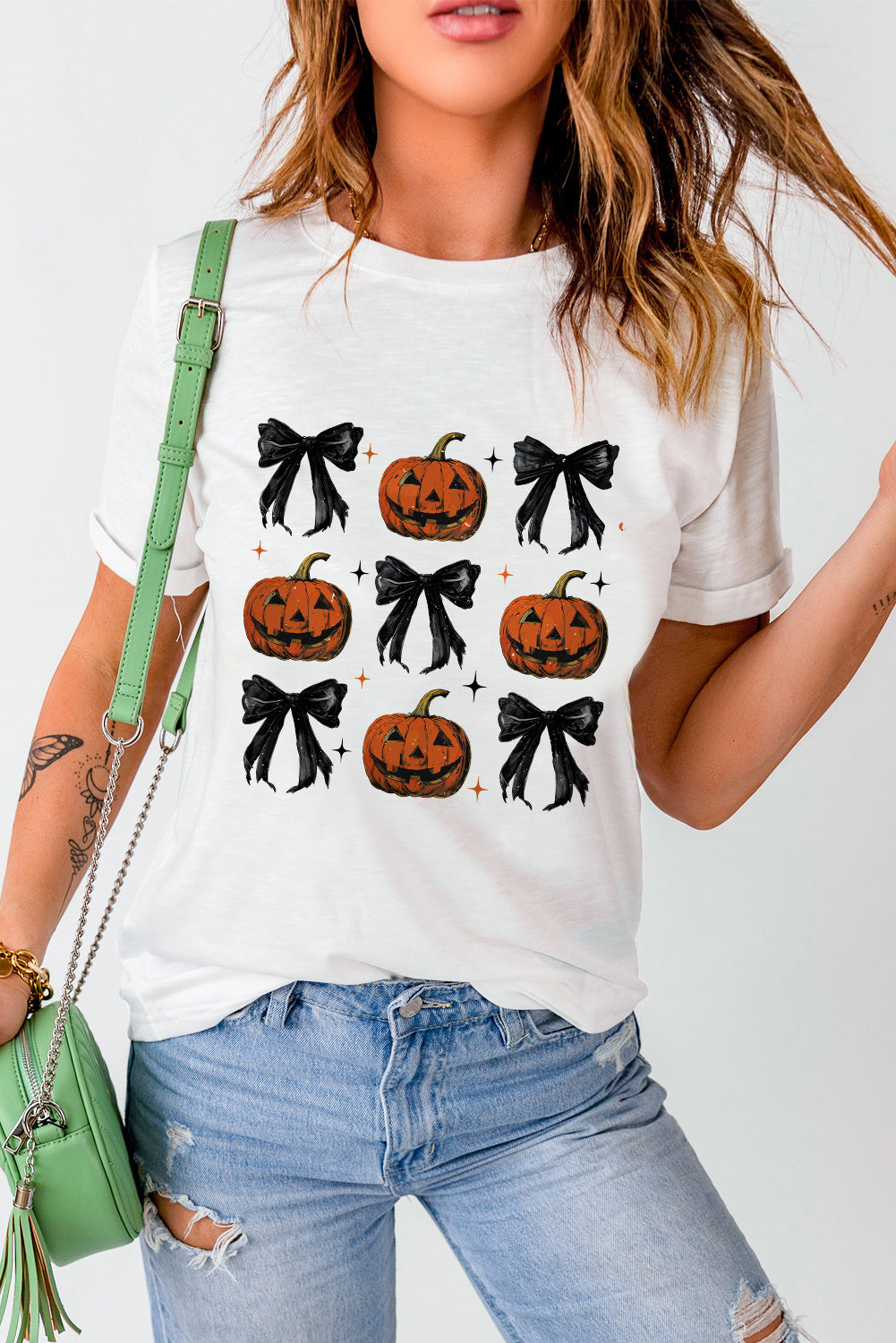 Halloween Pumpkin Face Bowknot Graphic T Shirt | White