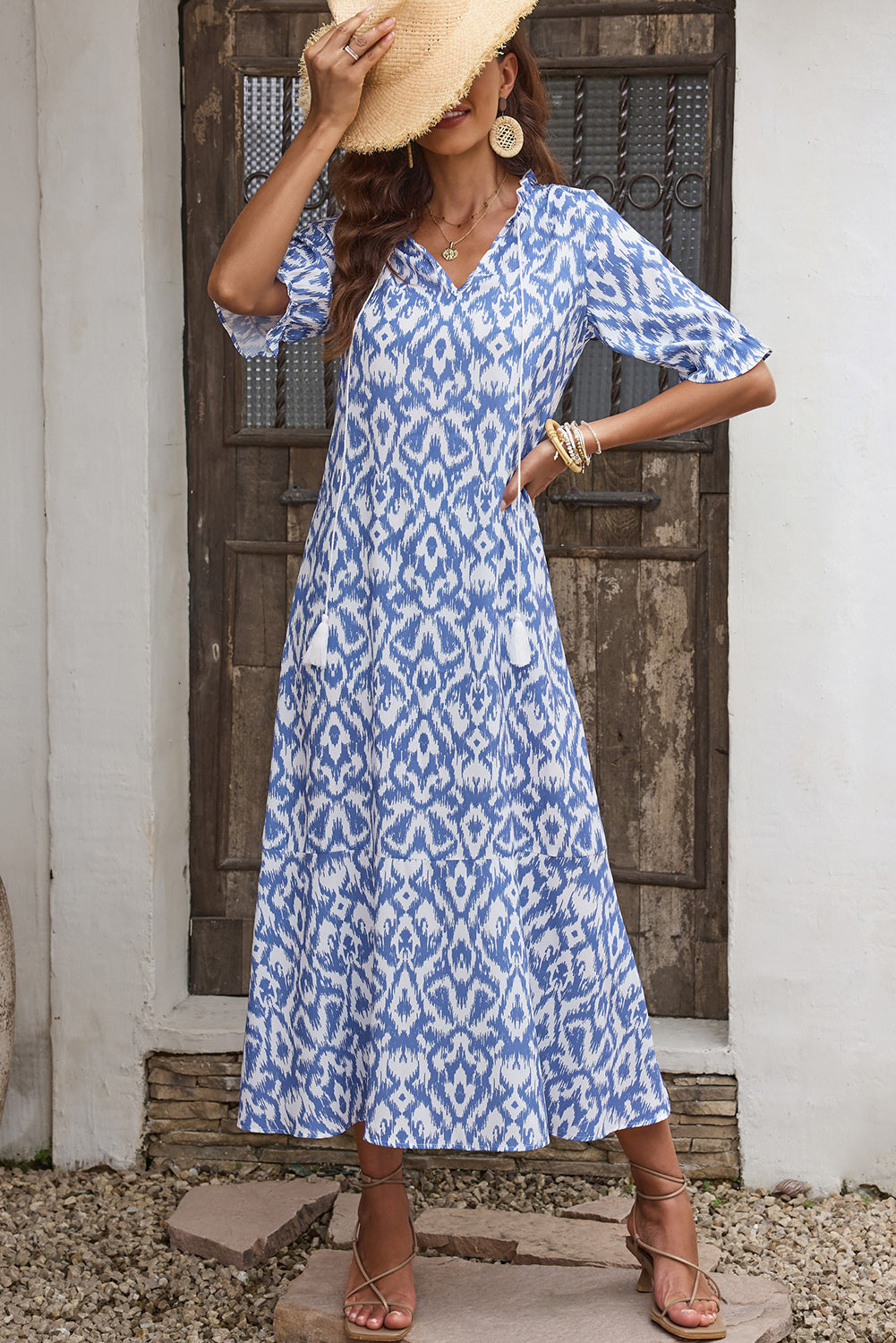 V Neck Casual Geometric Print Maxi Dress | Sky Blue