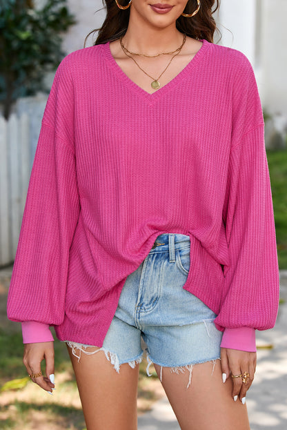 Waffle V Neck Long Sleeve Drop Shoulder Loose Blouse | Bright Pink