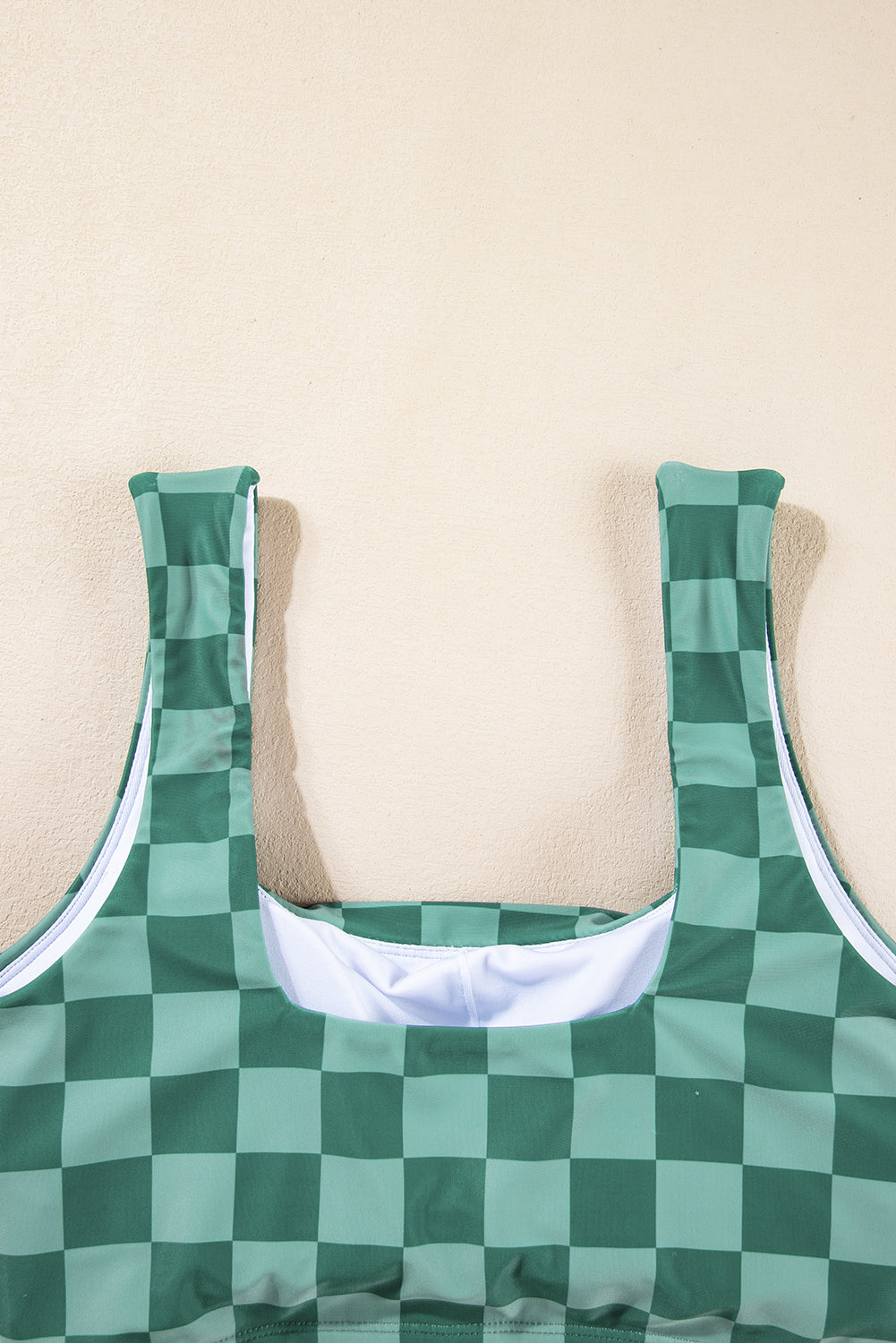 Checkered Print Square Neck Cropped Swim Top | Green