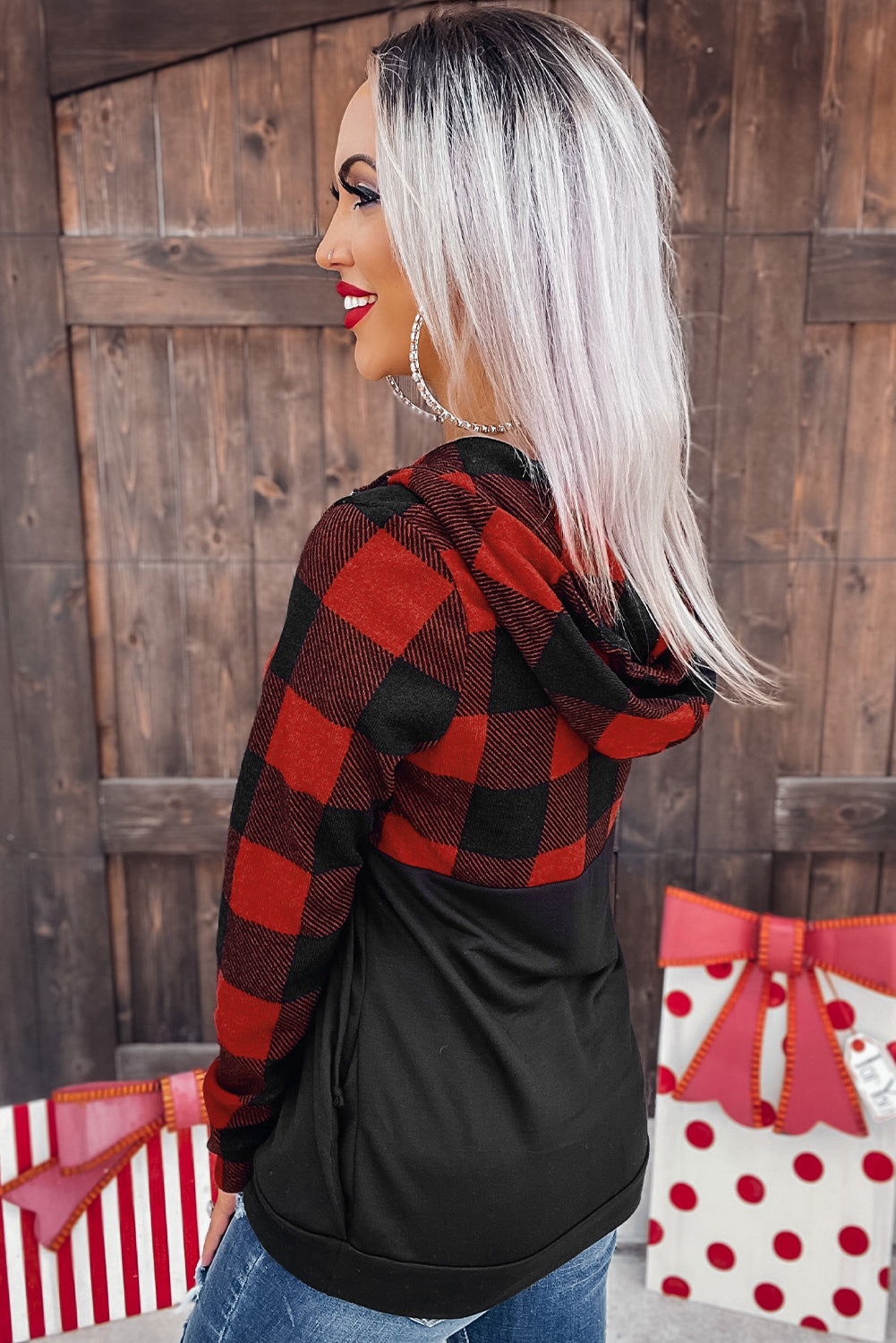 Contrast Buffalo Plaid Zip Pullover Hooded Top | Black