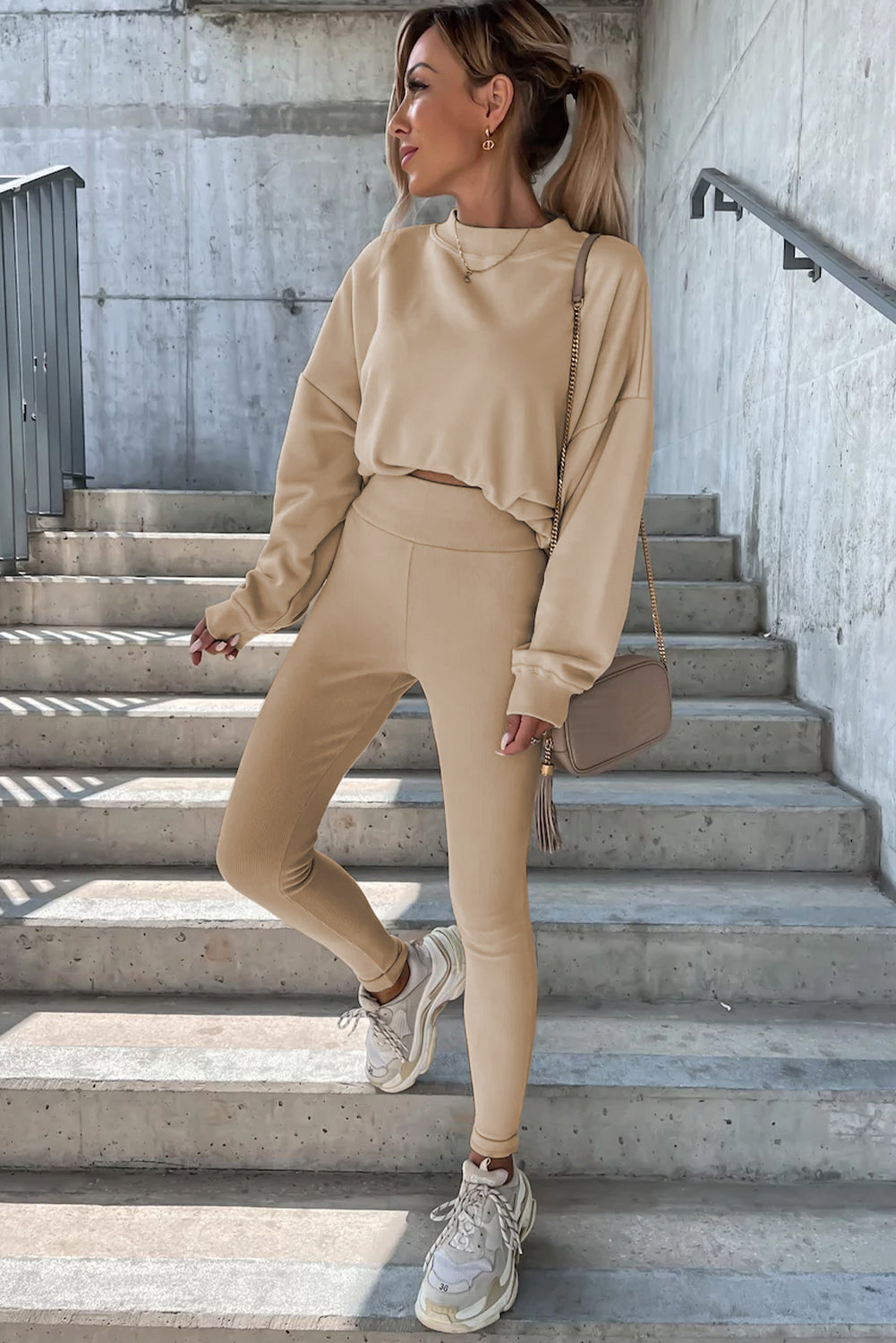 Solid Sweatshirt And Leggings Two Piece Set | Beige