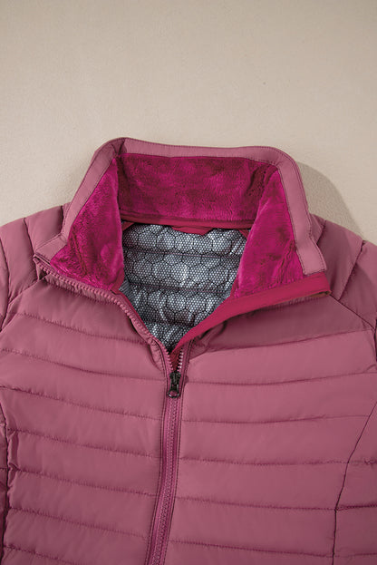 Solid Colour Quilted Zip-Up Puffer Jacket | Burgundy