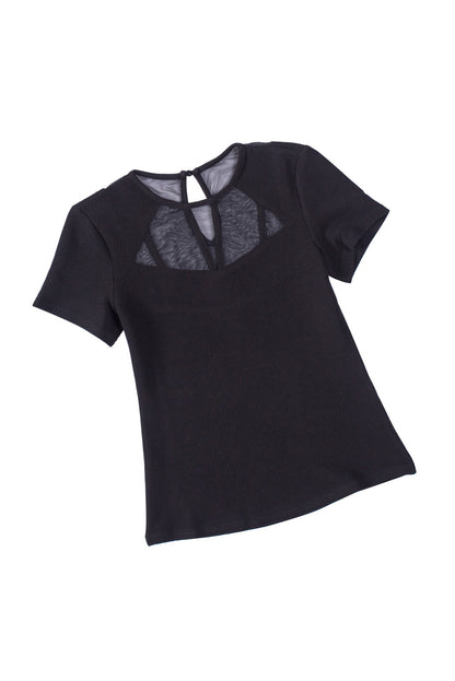 Contrast Mesh Knit Short Sleeve T-Shirt | Black