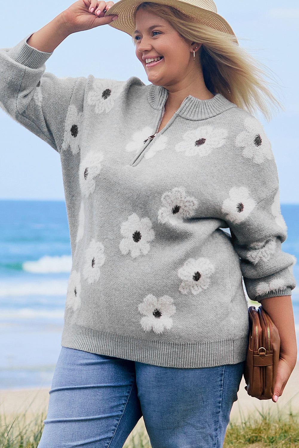 Plus Size Embroidered Floral Pattern Half Zip Sweater | Gray