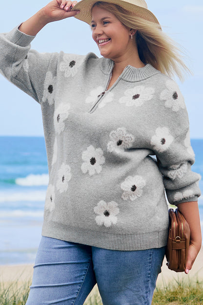 Plus Size Embroidered Floral Pattern Half Zip Sweater | Gray