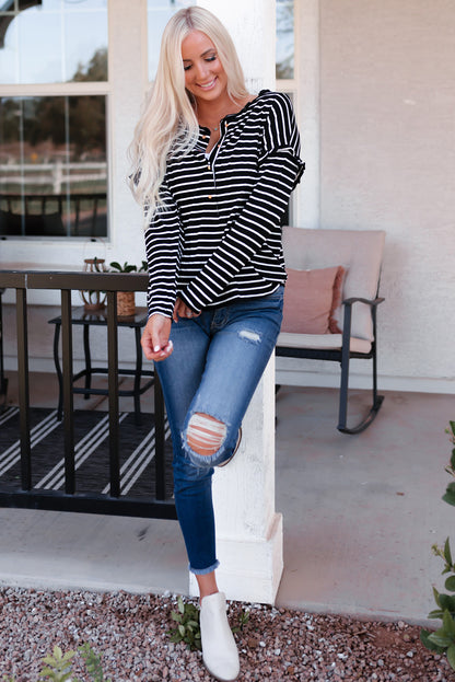 Striped Print Ruffled Buttoned Long Sleeve Top | Black