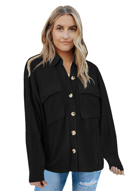 Pocketed Button Ribbed Textured Shacket | Black