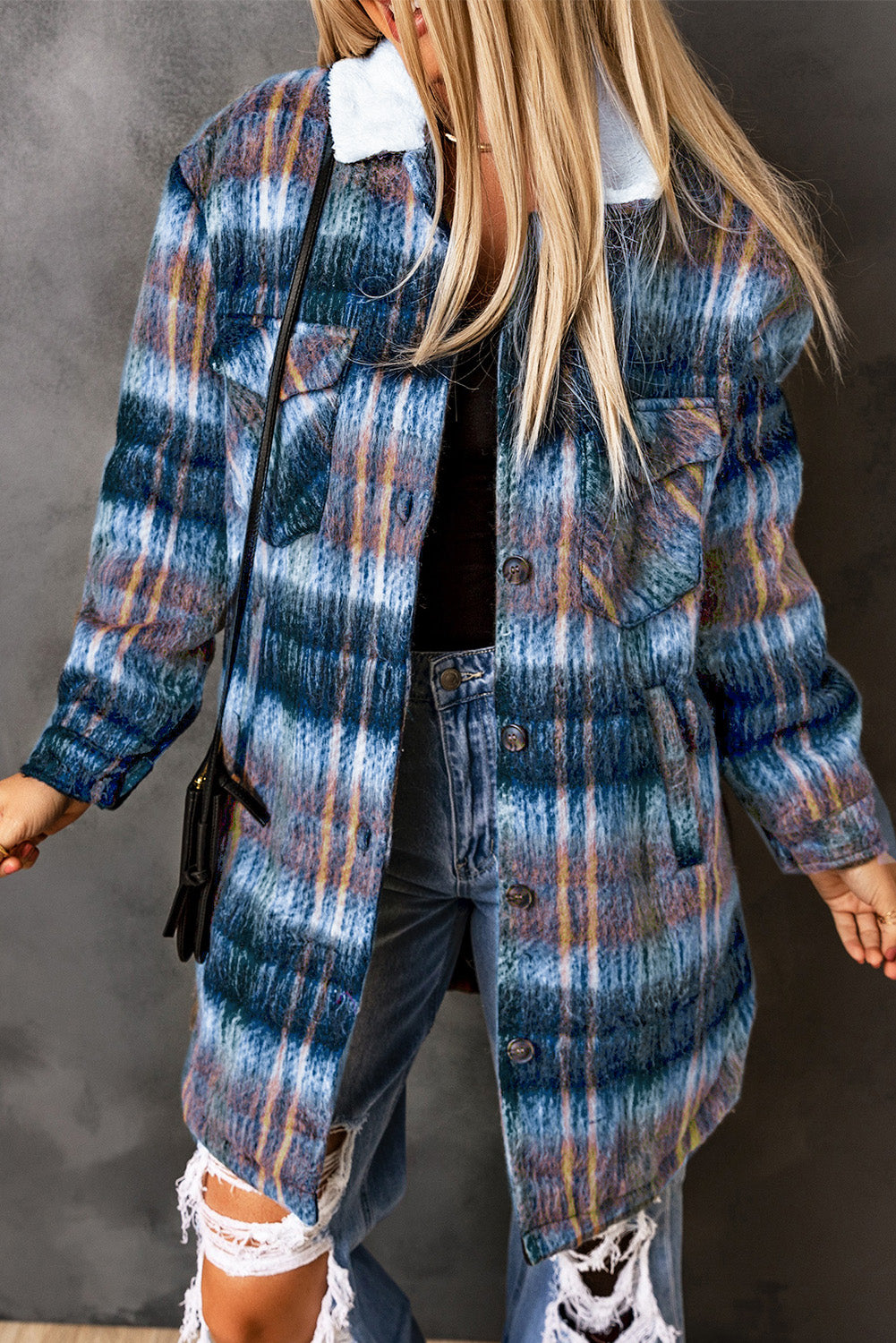 Woolen Lining Plaid Brushed Long Coat | Multicolour