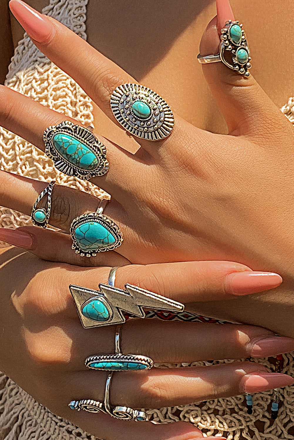 8Pcs Turquoise Inlay Western Ring Set | Silvery