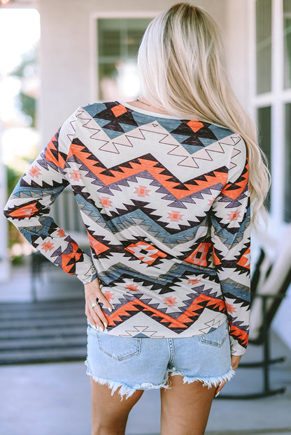 Aztec Print V Neck Long Sleeve Top | Multicolour