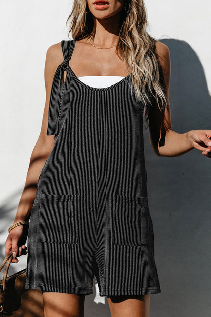 Striped Print Knotted Straps Pocketed Romper | Dark Grey