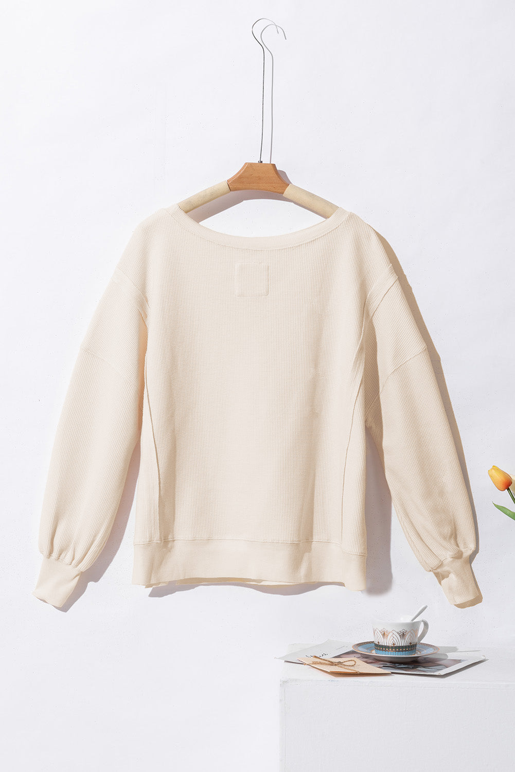 Waffle Knit Bishop Sleeve Split Oversized Top | White