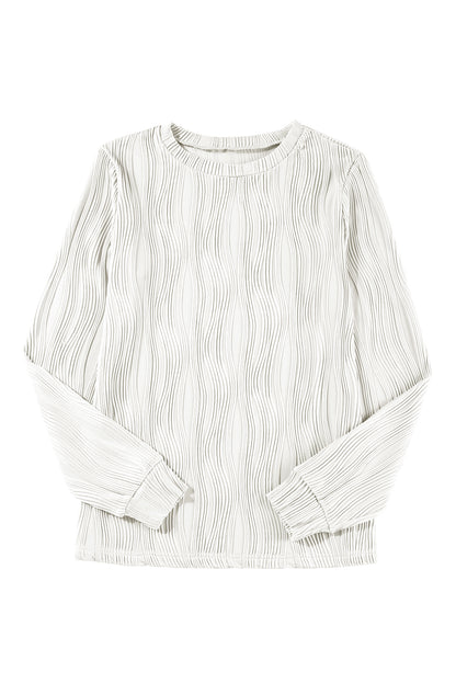 Textured Wavy Round Neck Long Sleeve Top | White