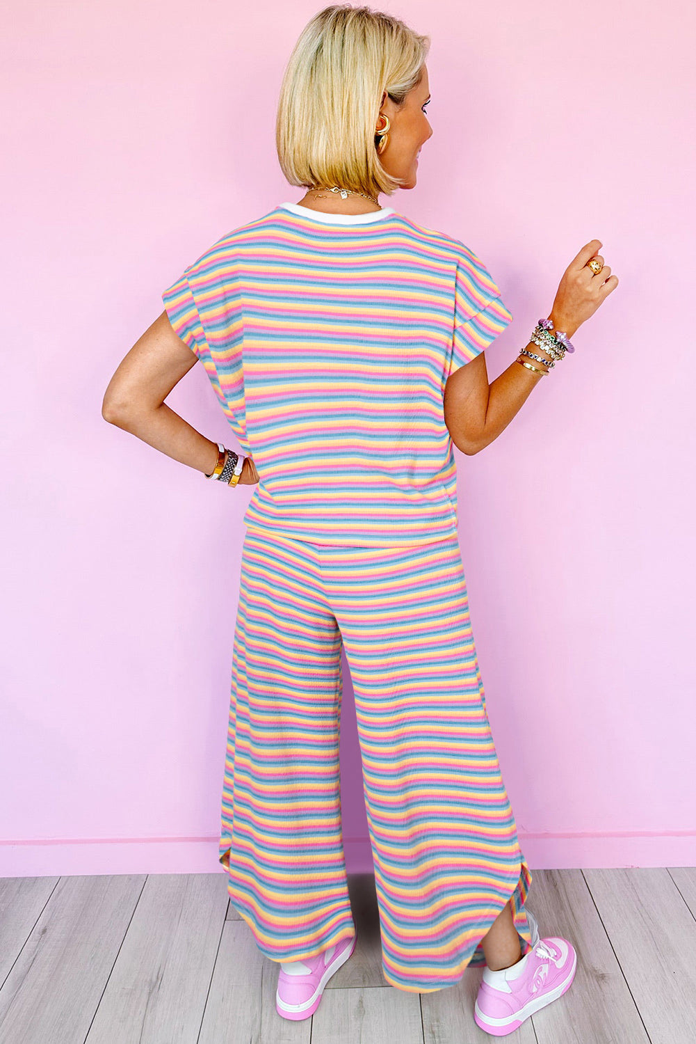 Rainbow Tee Tasseled String Wide Leg Pants Set | Pink Stripe