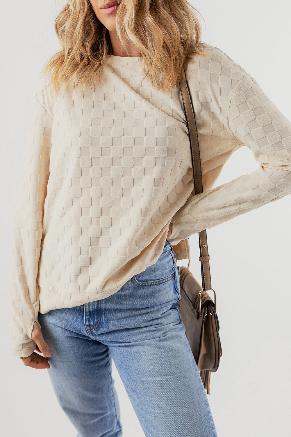 Solid Textured Thumbhole Sleeve Top | Beige